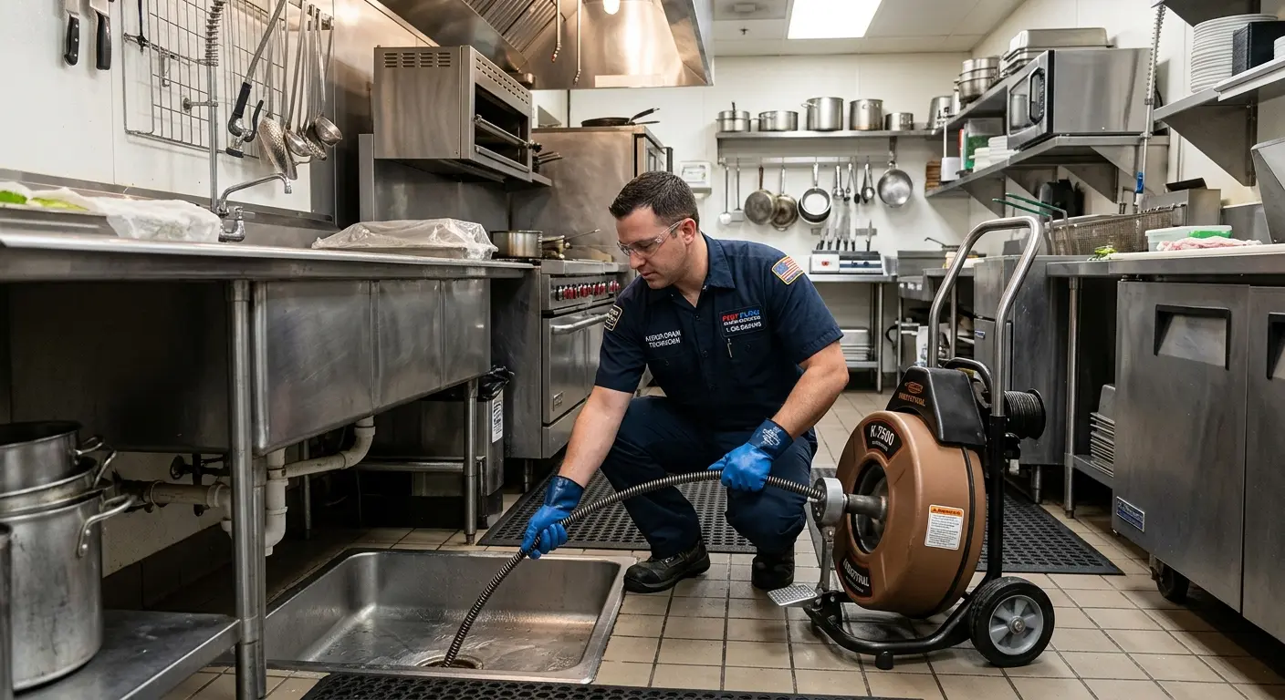 Commercial drain cleaning service in a restaurant kitchen in Madras