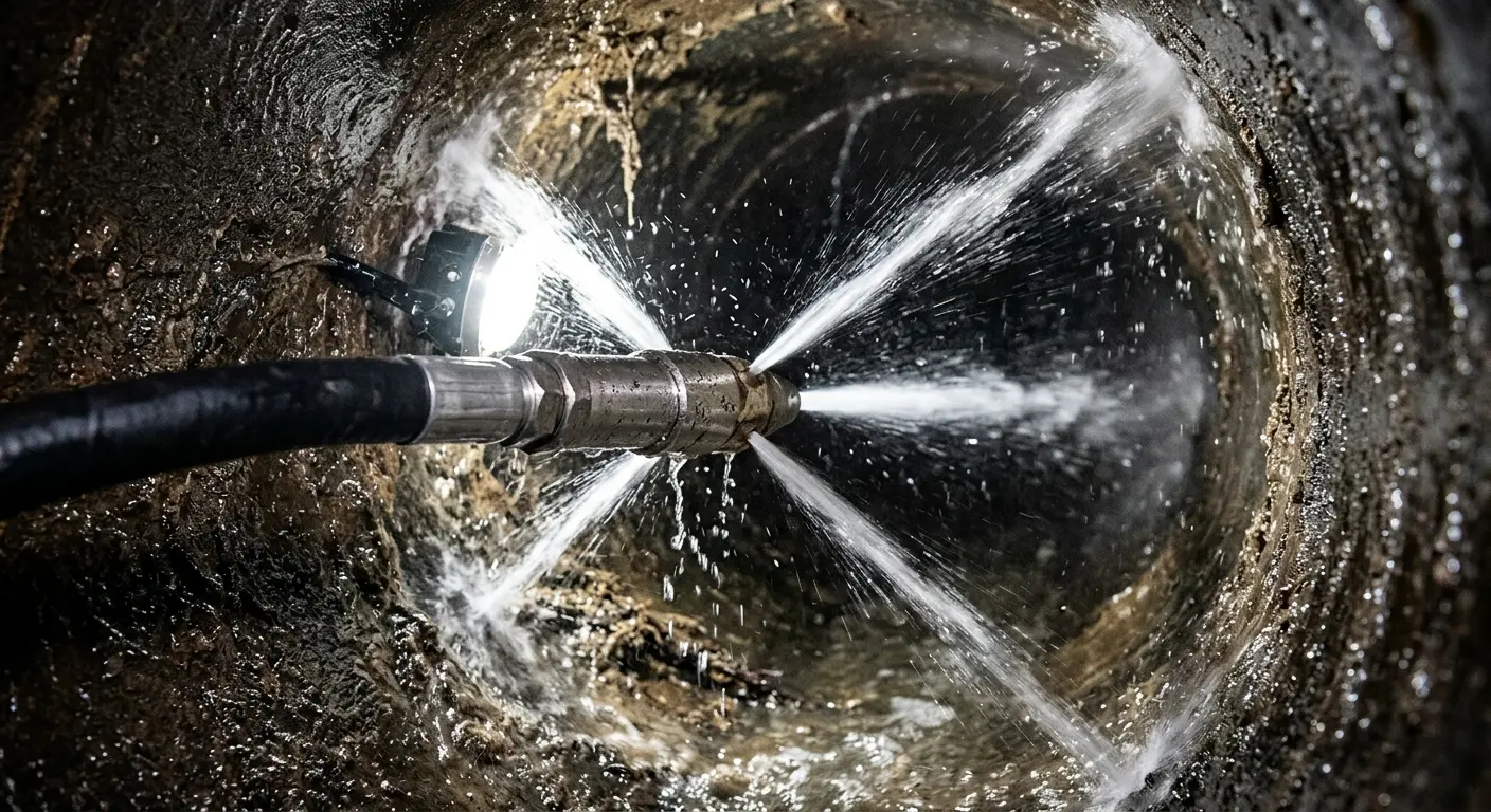 High-pressure hydro jetting nozzle cleaning sewer pipe for Emergency Drain Service in Madras