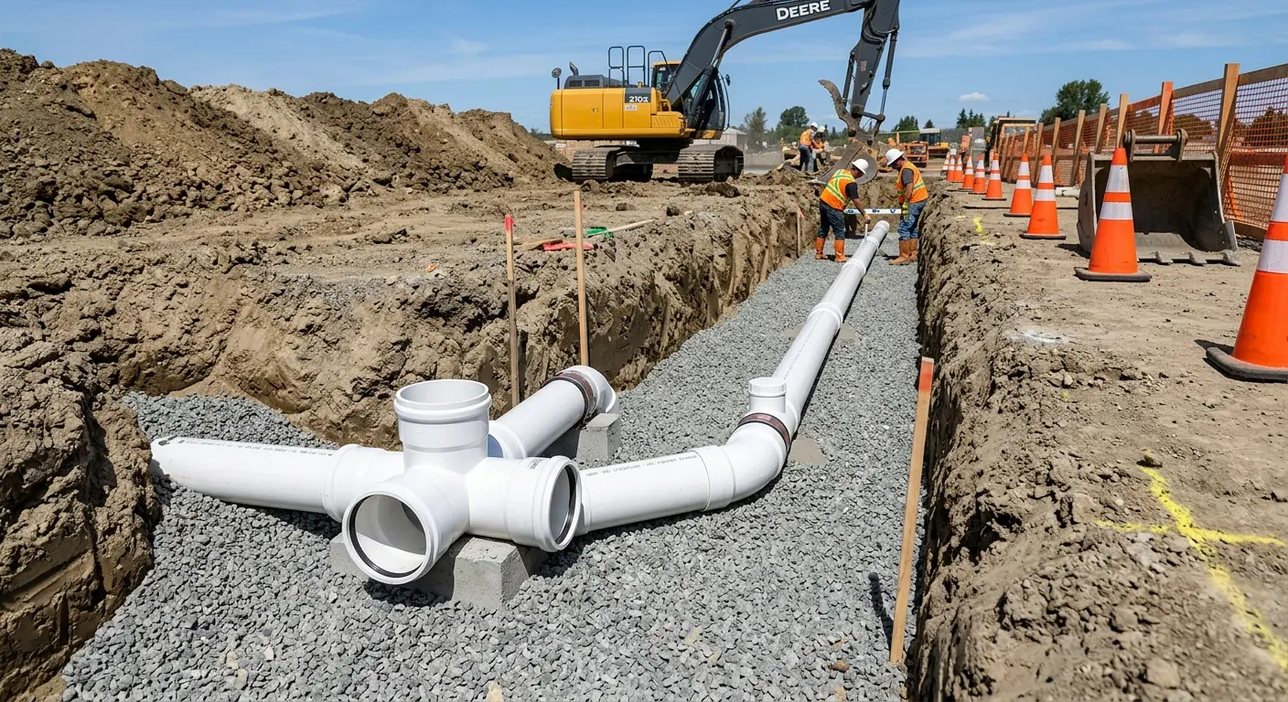 New PVC sewer pipe installation in open trench for Sewer Backup in Madras