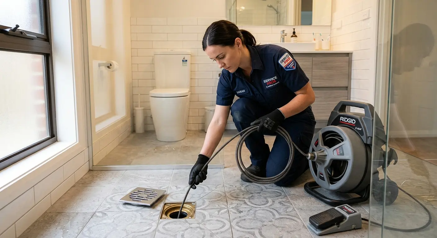 Technician clearing a bathroom floor drain for Drain Repair in Madras